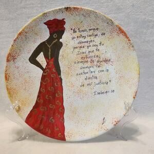 Hand Painted by Li Ceramic Plate Woman Of Color Red Dress Bible Verse Spanish